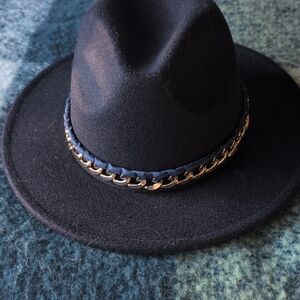 Stylish Black Fedora with Gold Chain Accent